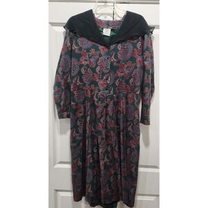 Laura Ashley Vintage 80s‎ Paisley Pleated Midi Dress Sheer Collar Size 14